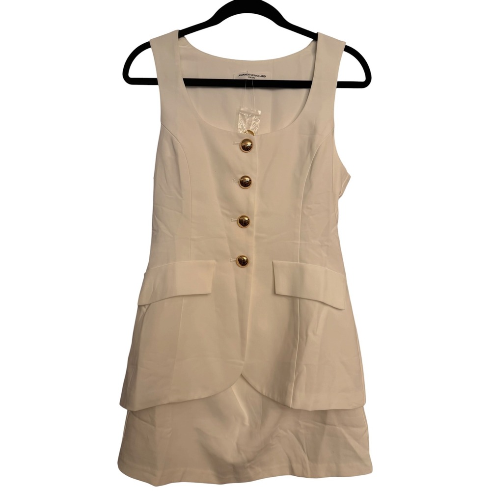 Amanda Uprichard White Sleeveless Gold Button Skort Romper Dress Size S New